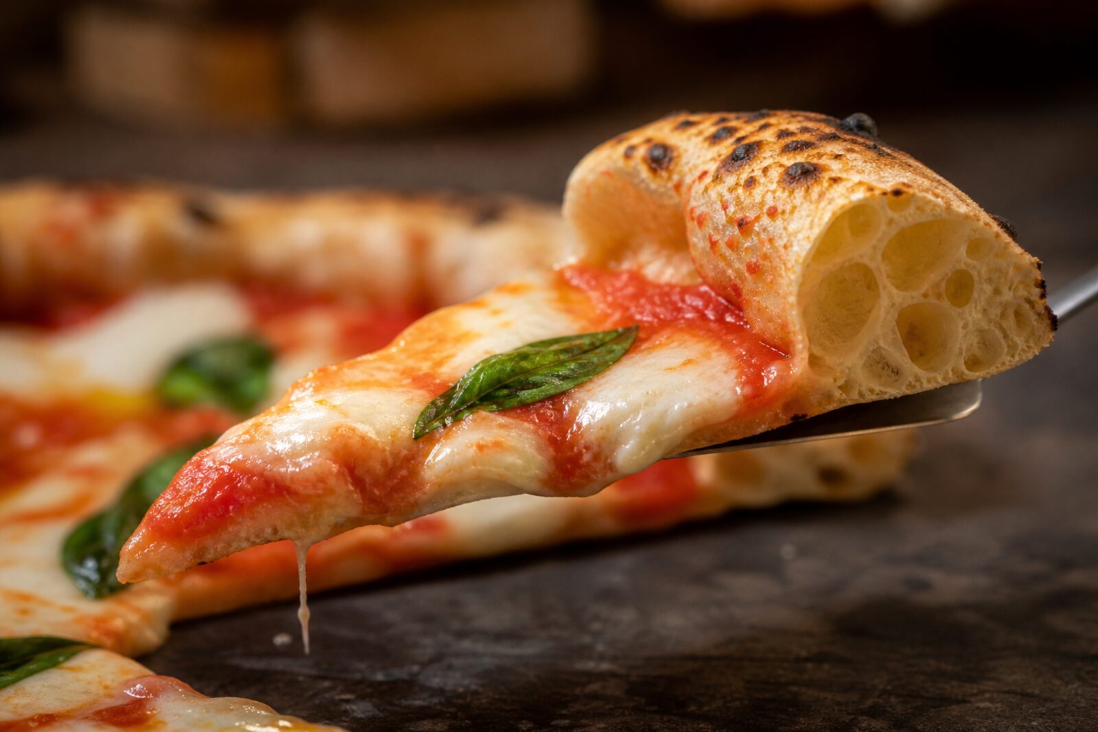 A slice lifted from a margherita, cheese pulling, open charred crumb in the crust