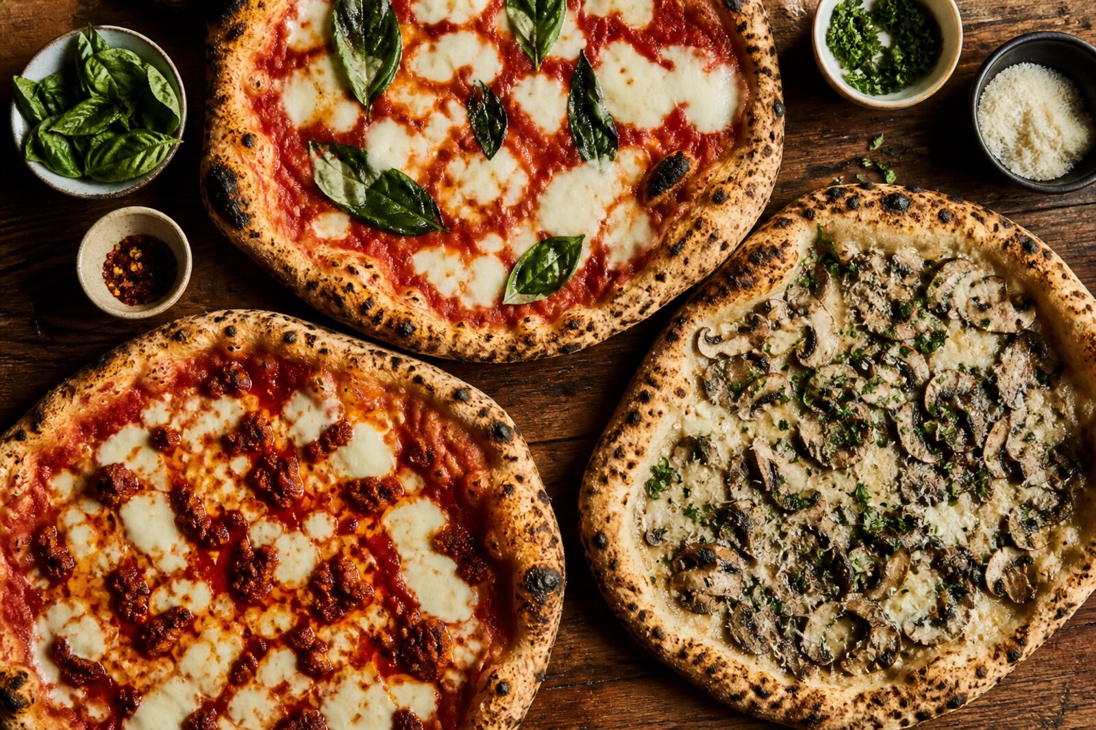 Pizzas laid out on a table, boxes open, plates and glasses around them