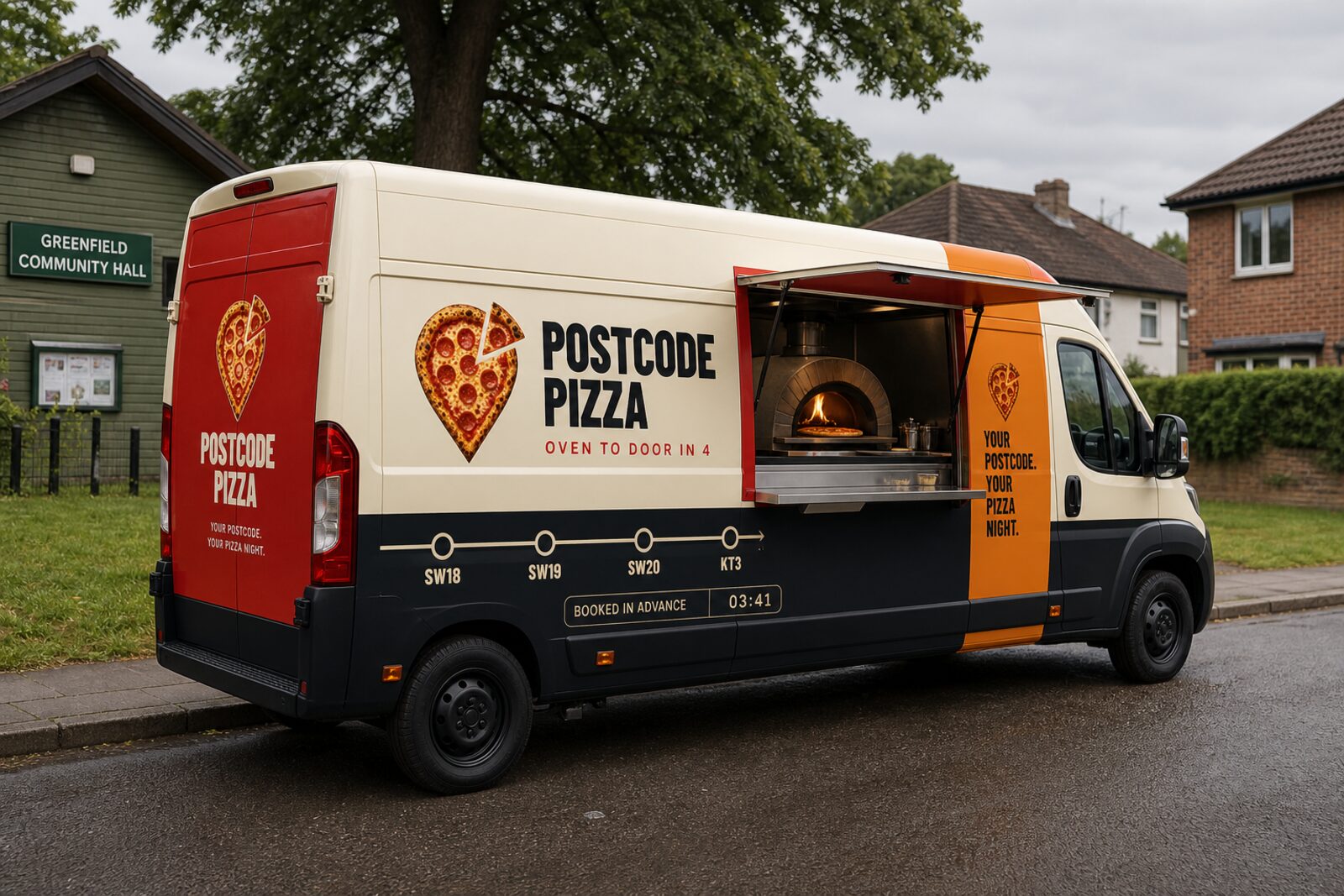 The Postcode Pizza van pitched on a residential street, hatch open and oven lit